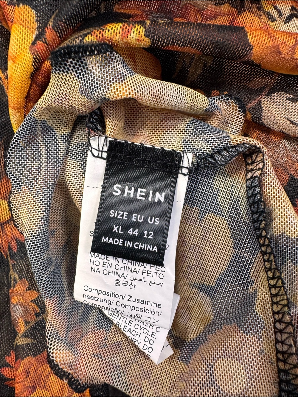 Boho Sheer Floral SheerLong Sleeve Crop Top Black with Orange Yellow Flowers, XL - Picture 14 of 14